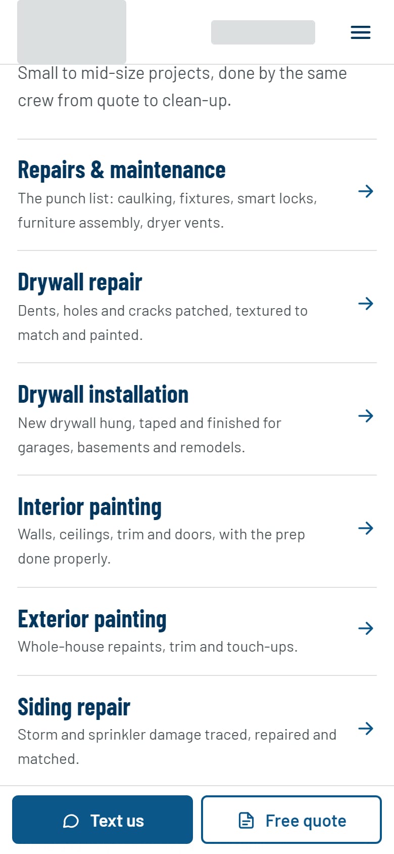 The list of a handyman's jobs on a phone, with the logo and phone number covered by grey blocks and a bar along the bottom of the screen holding Text us and Free quote.