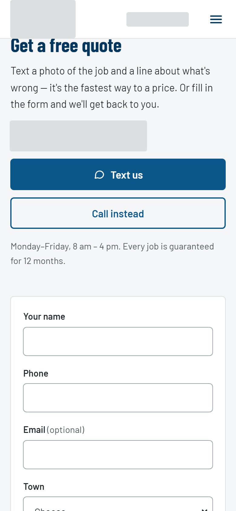 The quote section of a handyman's website on a phone, with the logo and phone number covered by grey blocks. Text us and Call instead buttons sit above a form asking for name, phone, email and town.
