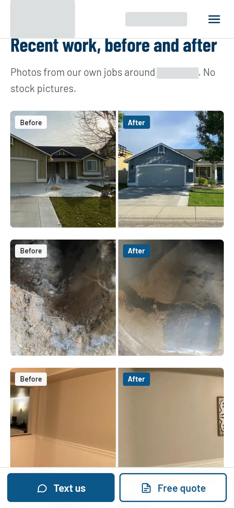 Before and after photos of a handyman's own jobs on a phone, with the logo and phone number covered by grey blocks and a bar along the bottom of the screen holding Text us and Free quote.