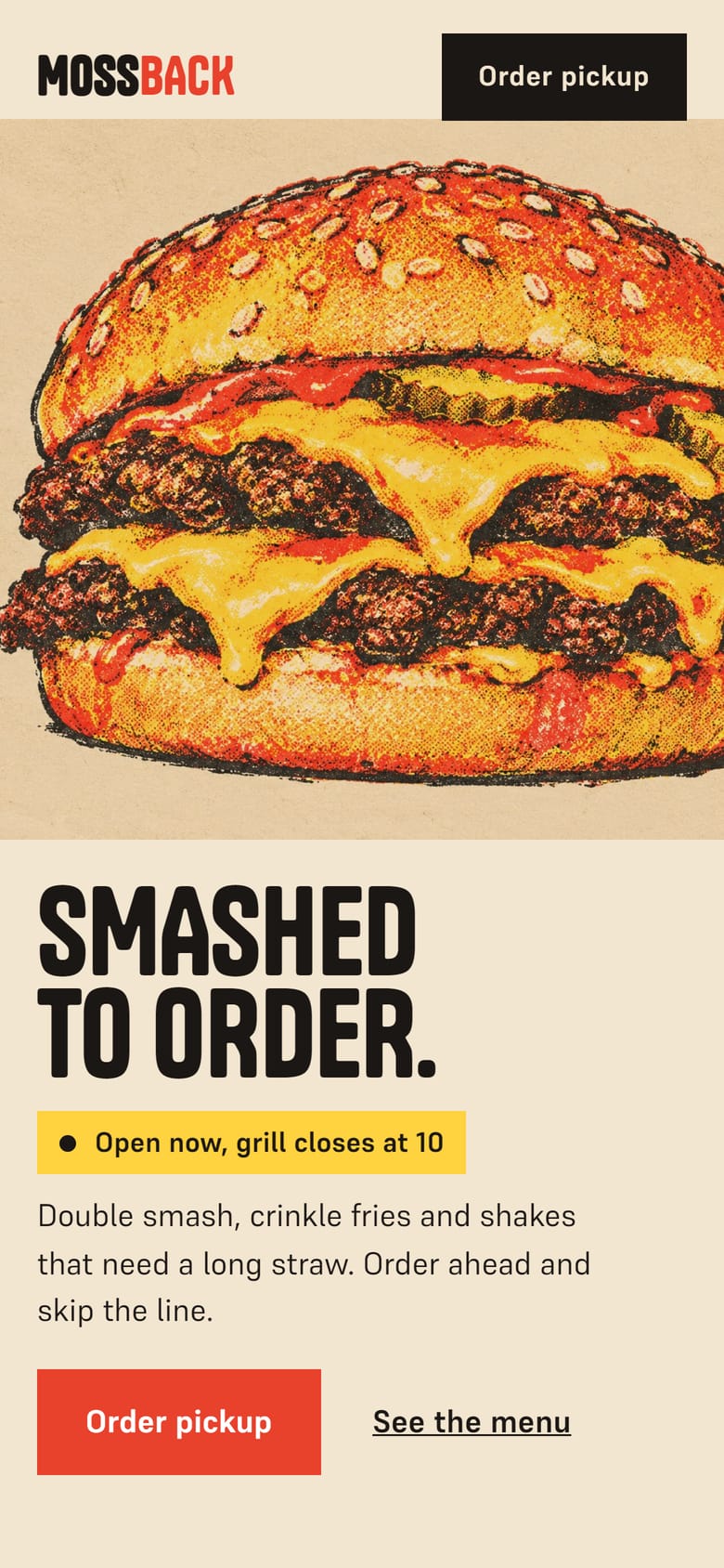 Mossback Burgers sample on a phone.