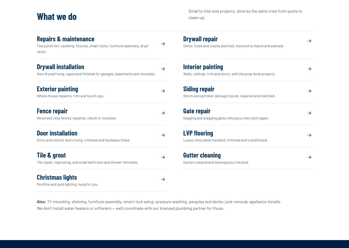 A list of a handyman's jobs on a desktop website: repairs and maintenance, drywall, painting, siding, fences, gates, doors, flooring, tile, gutters and holiday lights. Each job has a name and a line on what is included.