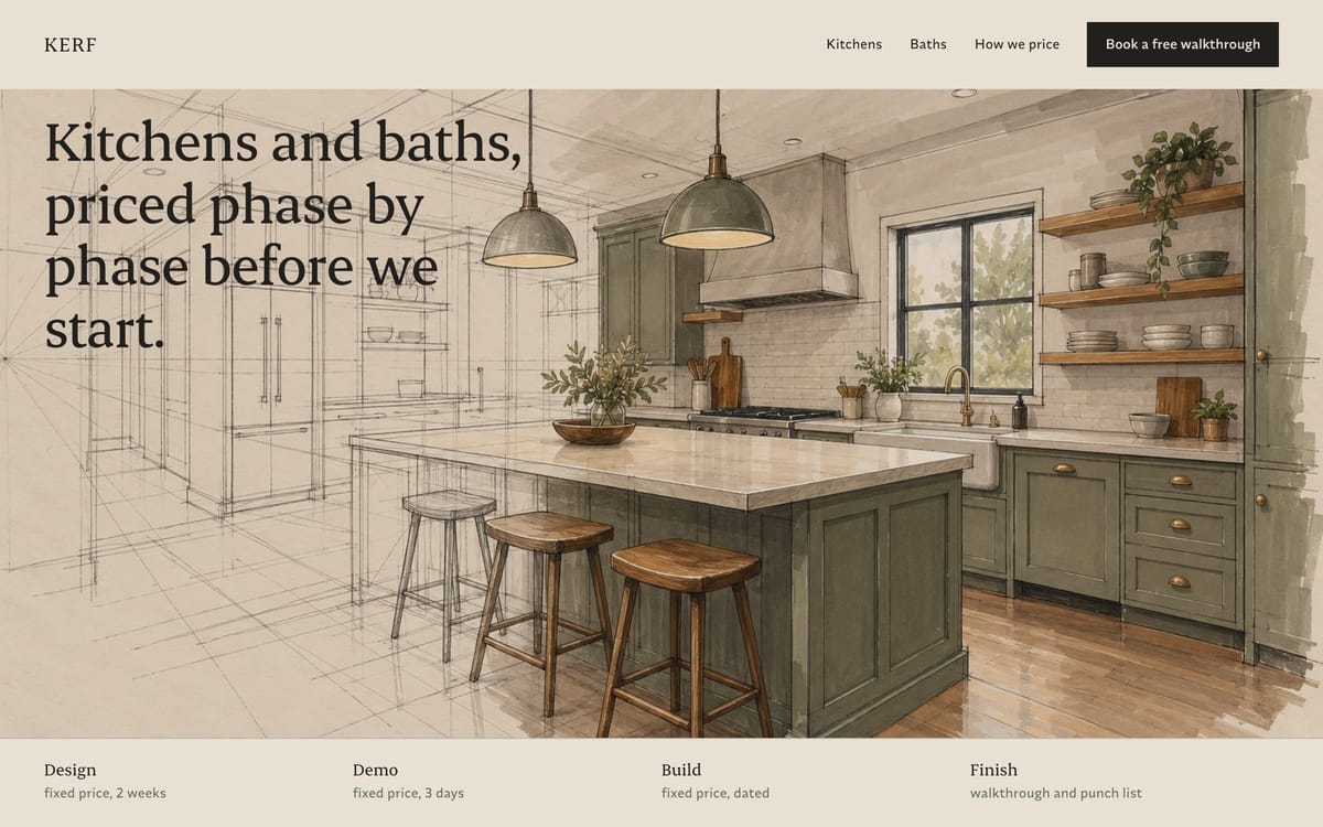 Sample top screen for Kerf Remodeling, a made-up kitchen and bath remodeler. Headline: Kitchens and baths, priced phase by phase before we start. Button: Book a free walkthrough.