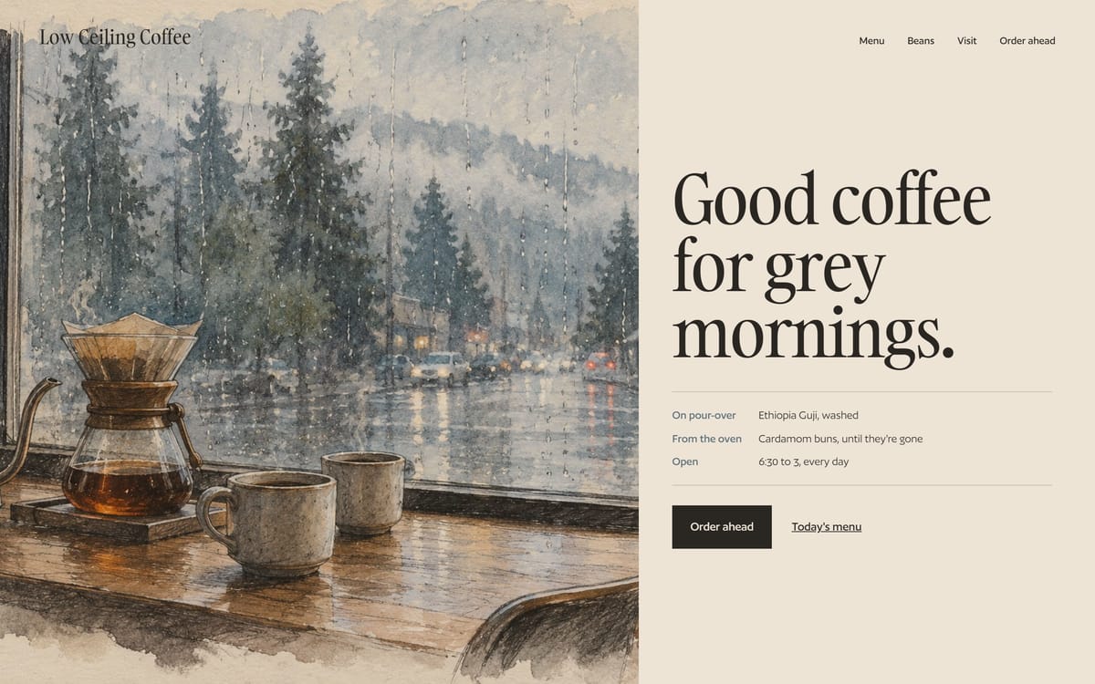 Sample top screen for Low Ceiling Coffee, a made-up coffee shop. Headline: Good coffee for grey mornings. Button: Order ahead.