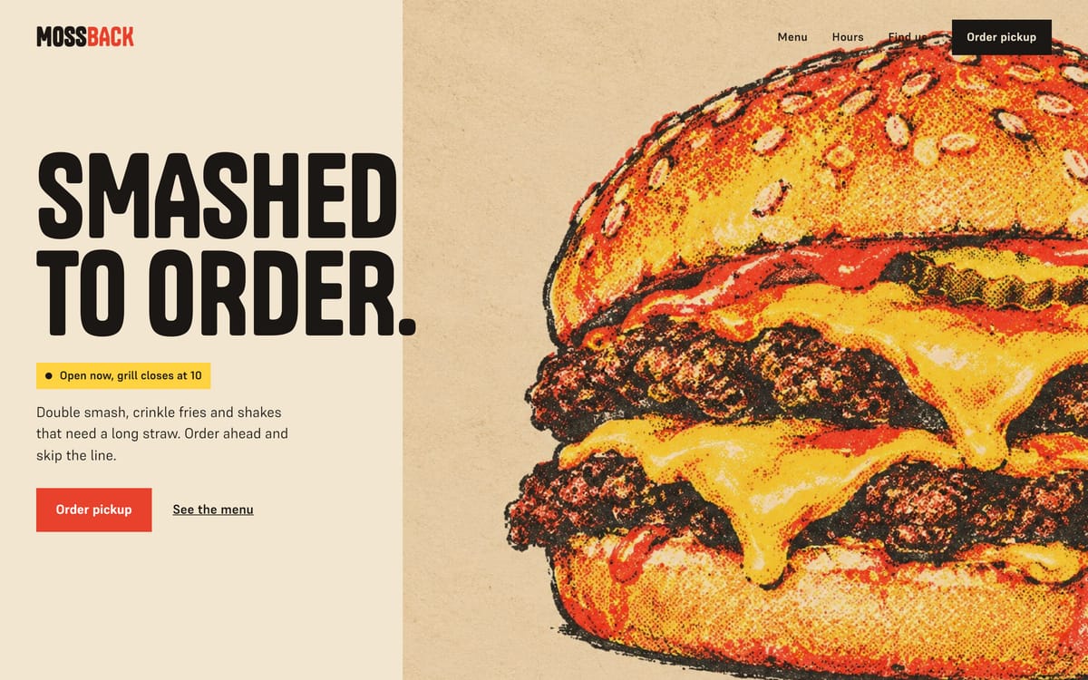 Sample top screen for Mossback Burgers, a made-up burger joint. Headline: Smashed to order. Button: Order pickup.